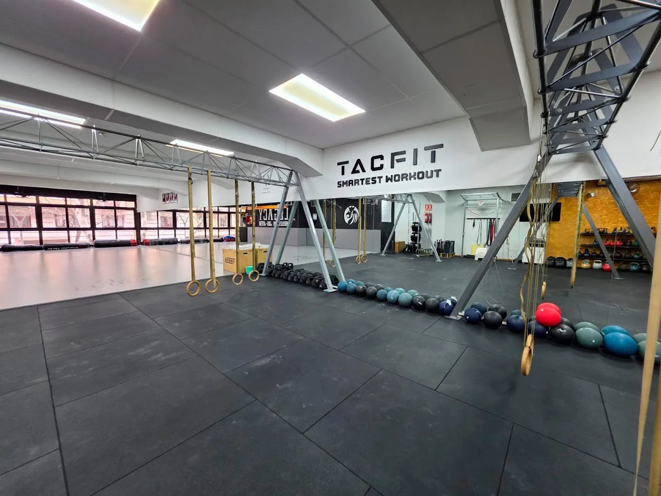 Sala TACFIT de Ludus con anillas, estructura de suspensión y balones medicinales