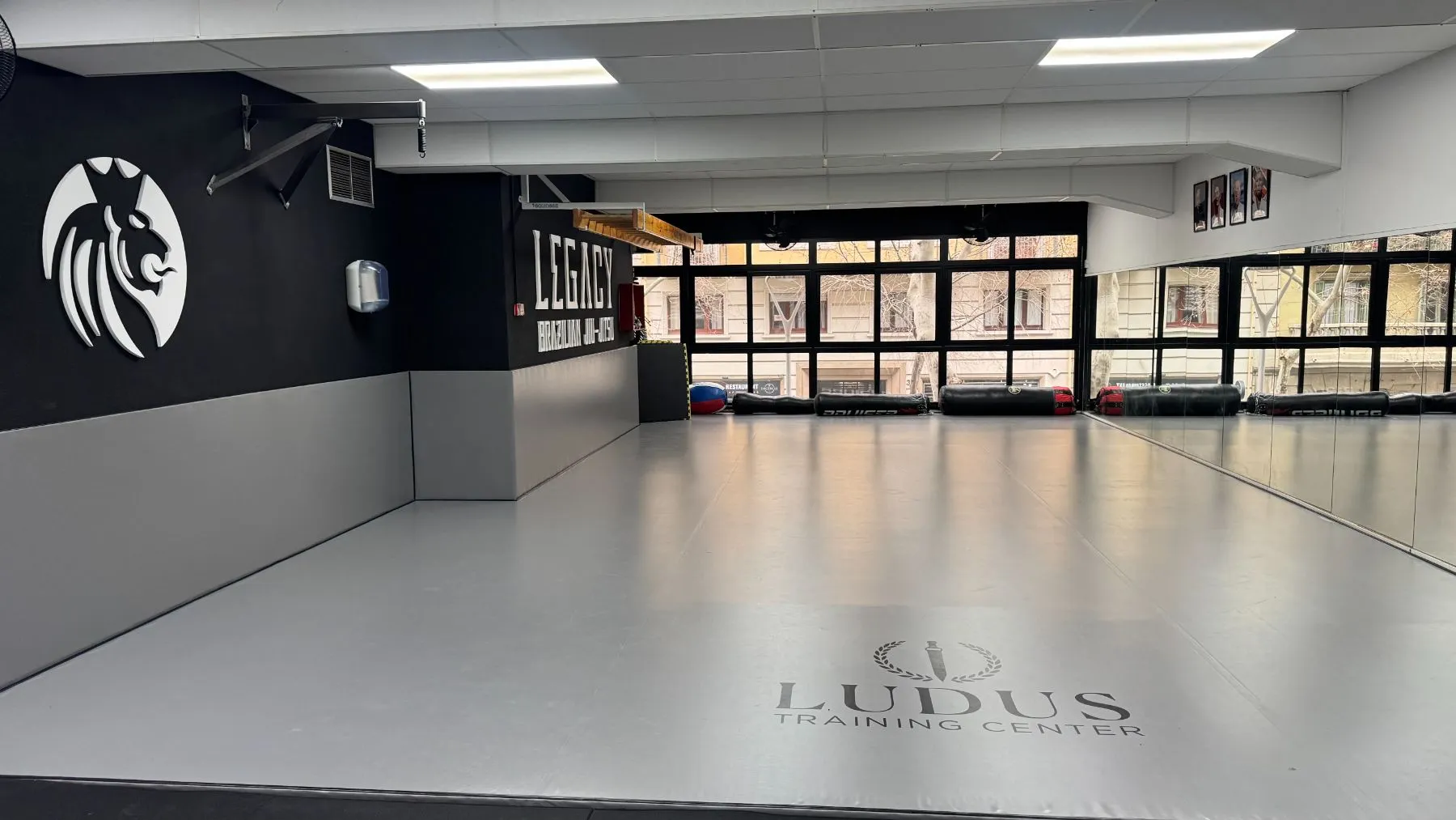 Tatami de Legacy Brazilian Jiu-Jitsu con el logo de Ludus en el suelo